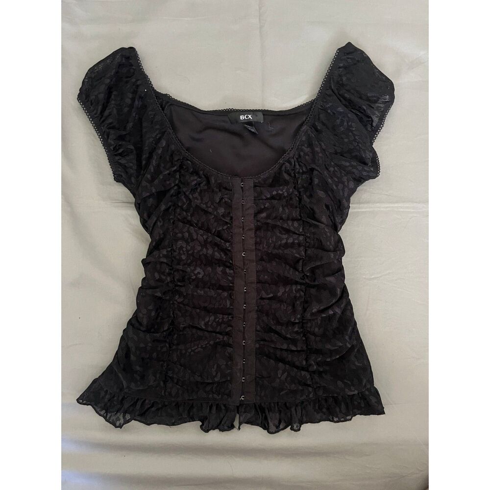 BCX - Y2K Black Floral Lace Ruched Hook & Eye Corset Top